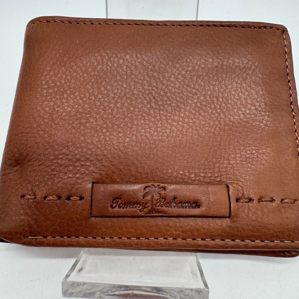 Tommy Bahama Men Brown Leather Bifold Wallet Stitched Accent Nautical Map Lining